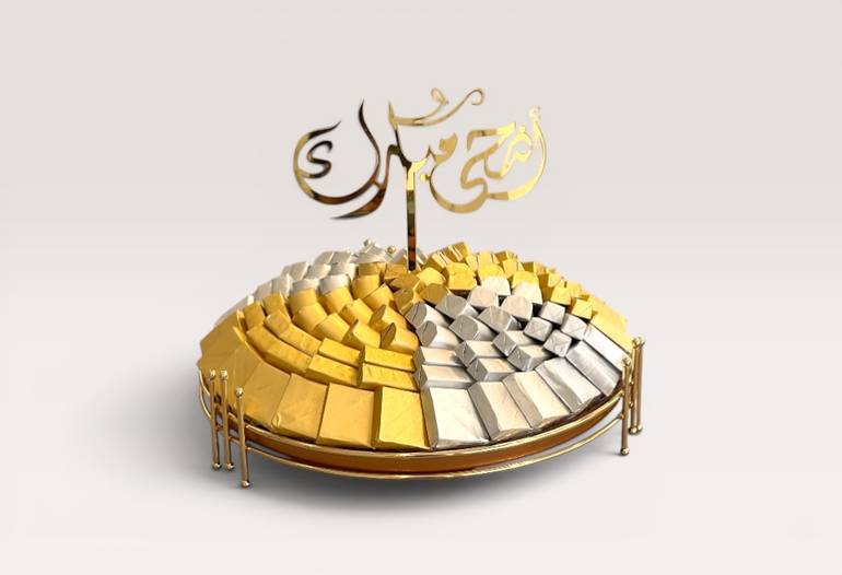 صحن زجاج مع استاند ذهبى شوكولاتة مغلف