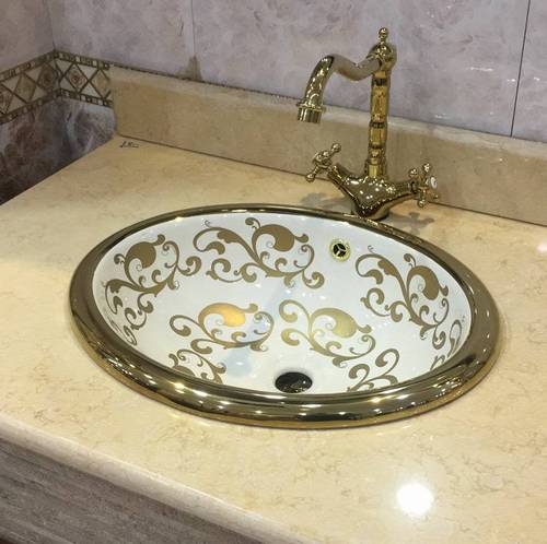 حوض مغسلة سيراميك داخل الرخام  دائري ذهبي مزخرف  مقاس 39x49 سم