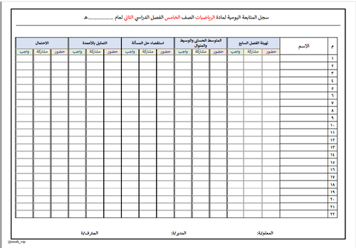 سجل متابعة حسب الدروس لمقرر الرياضيات للصف الخامس  