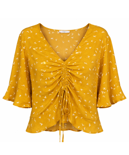 Mustard Yellow with White Bird Print  blouse