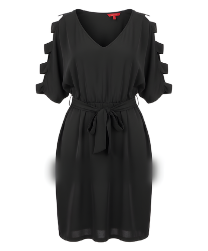 Elegant Black Dress with Cut-Out Sleeves and Waist Belt