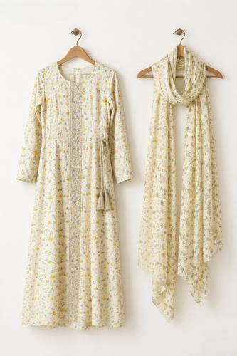 Floral Cotton Jalabiya with Side Tassel Tie and Scarf