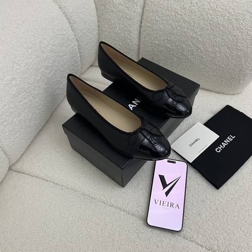 Chanel Black Leather and Patent CC Cap Toe Bow Ballet Flats  