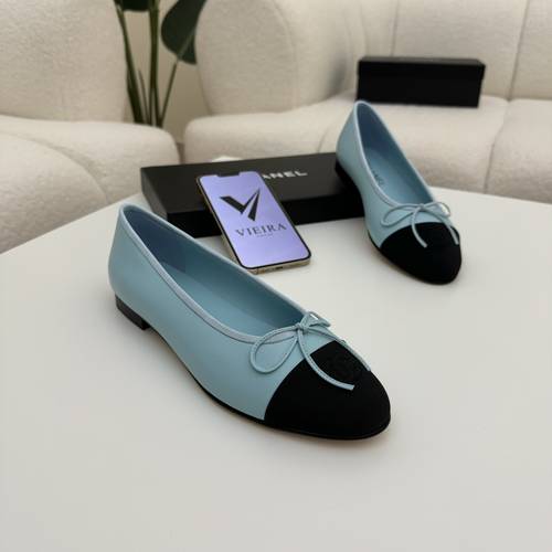 Chanel Black Leather and Patent CC Cap Toe Bow Ballet Flats  
