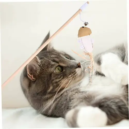 Interactive beacon for cats and pets with wooden handle and doll