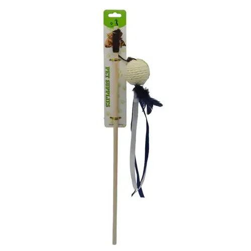 Interactive beacon for cats and pets with wooden handle and doll