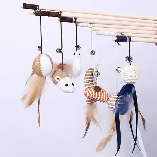 Interactive beacon for cats and pets with wooden handle and doll