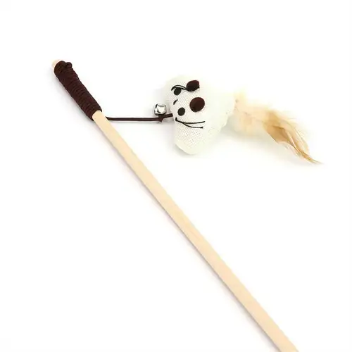Interactive beacon for cats and pets with wooden handle and doll