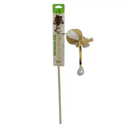 Interactive beacon for cats and pets with wooden handle and doll