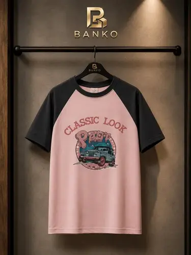 Classic Look Retro Raglan T‑Shirt – Pink & Charcoal