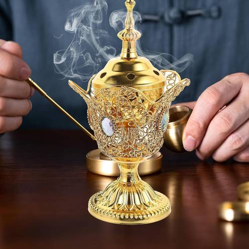 مبخرة كهربائية معدنية من بابوريتش، مبخرة بنمط الشرق الاوسط، مبخرة كهربائية لسطح الطاولة للمنزل والمكتب واليوجا والسبا وديكور للعلاج العطري (ذهبي)