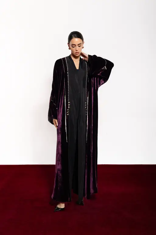 Diriyah Royal Purple Velvet & Black Washed Silk Abaya