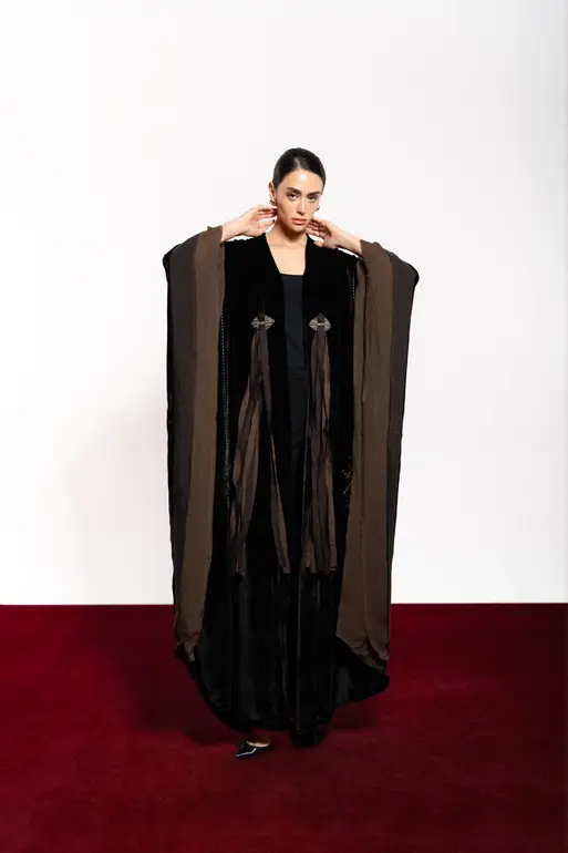 Bisht Black Velvet Abaya With Side Chiffon