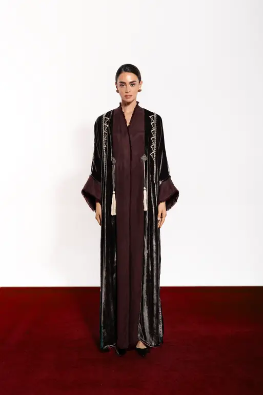 Grey Velvet Abaya Mix Burgundy Washed Silk