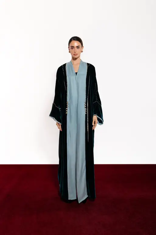 Diriyah Turquoise Velvet & Turquoise Washed Silk Abaya