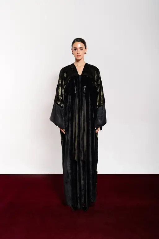 Zeeti  Lame Velvet Abaya With Side Open Sleeve