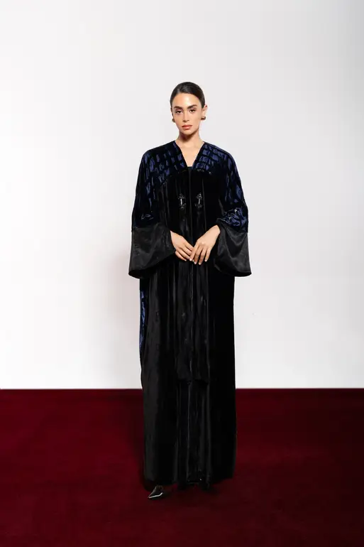 Navy Blue Lame Velvet Abaya With Side Open Sleeve