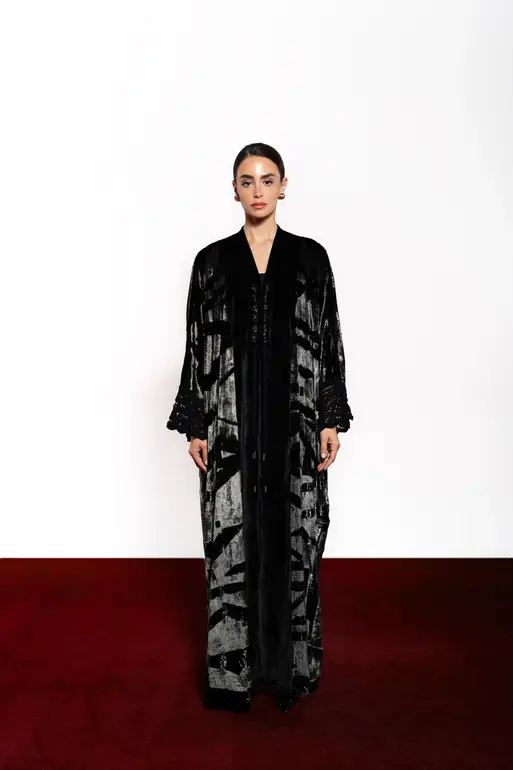 Grey Lame Velvet Abaya With Crochet 