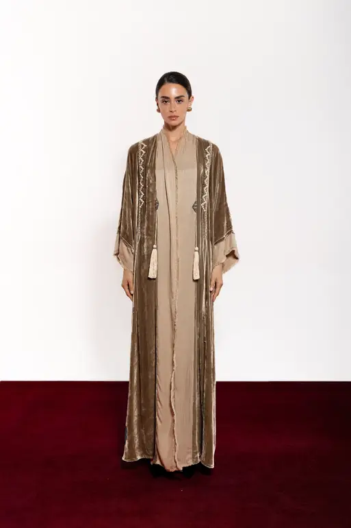 Beige Velvet Abaya Mix Beige Washed Silk