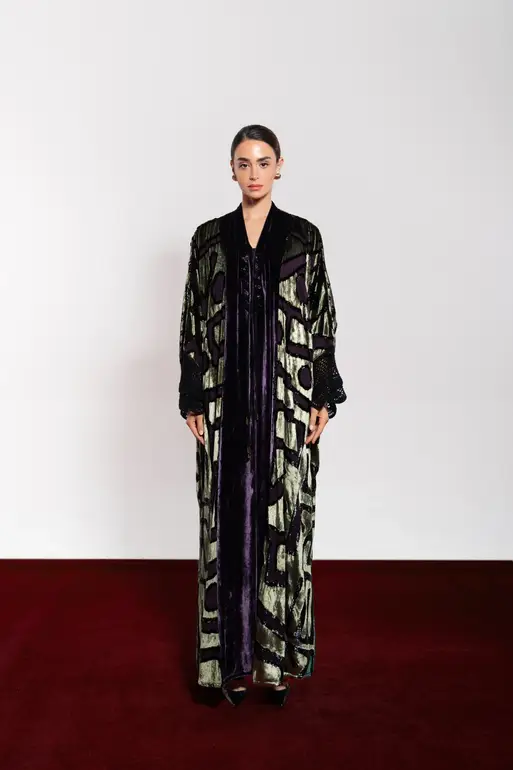 Royal Purple Lame Velvet Abaya With Crochet