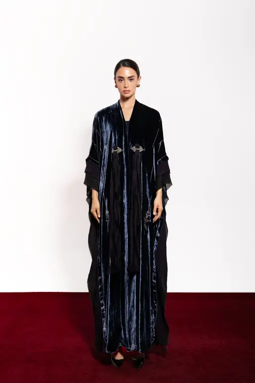 Bisht Royal Blue Velvet Abaya With Side Chiffon