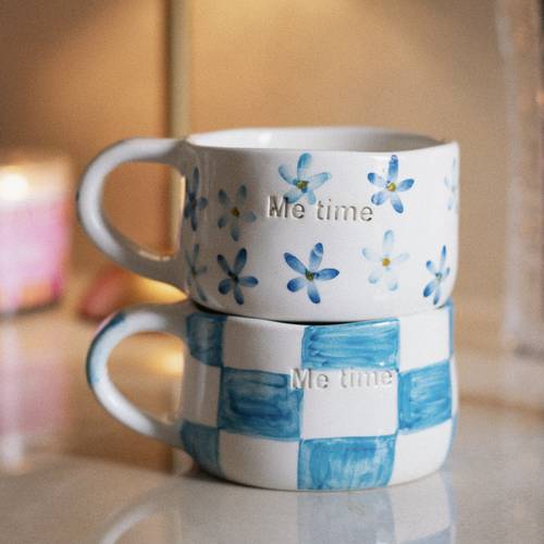 set of 2 ( morning breeze+Blue grid) mugs