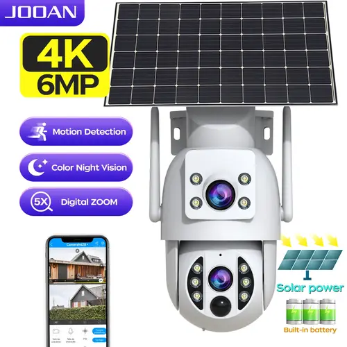 JOOAN 4K كاميرا الأمن الشمسية اللاسلكية في الهواء الطلق عدسة مزدوجة كاميرا IP الشمسية PIR كشف الإنسان للرؤية الليلية بطارية كاميرا تلفزيونات الدوائر المغلقة