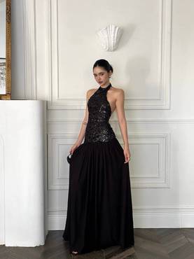 Black Sequin Halter Dress