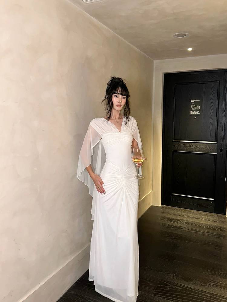 White Pleated Sleeve Bodycon Maxi Dress