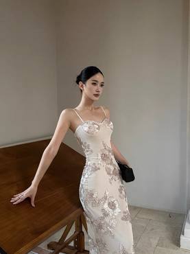 Embroidered Silk Satin Gown