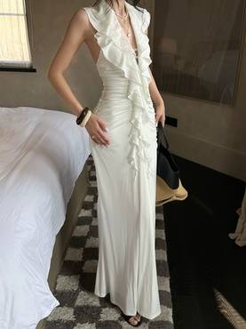 White Ruffle Halter Maxi Dress