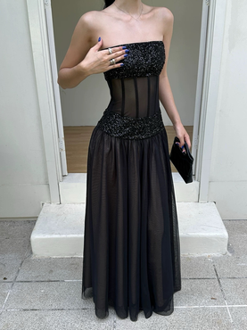 Black Beaded Strapless Dress