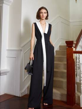 Contrast V-Neck Tailored Jumpsuit