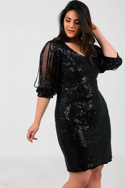 فستان سهرة أسود بأكمام مفصلة نسائي