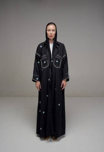 عباية مطرزة مع فستان - أسود - K397