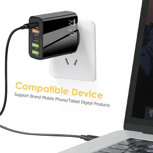 شاحن جداري سريع 65 واط بمنفذ USB-C وتقنية PD و QC 3.0 للايفون وسامسونج