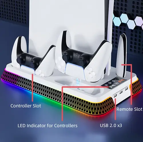 Multi-Functional Vertical RGB Cooling Stand for PS5/PS5 Slim/PS5 Pro – with Controller Charging Dock, Headset Hook & USB Port