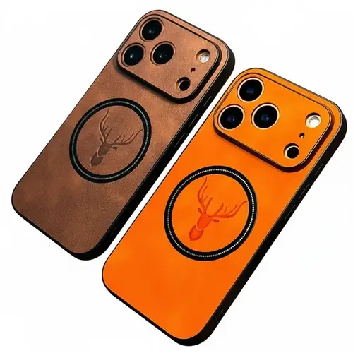 Luxury PU Leather Deer Case for IPhone 17 Air 16 15 14 13 12 11 Pro Max Plus 16E for Magsafe Wireless Charge Shockproof Cover