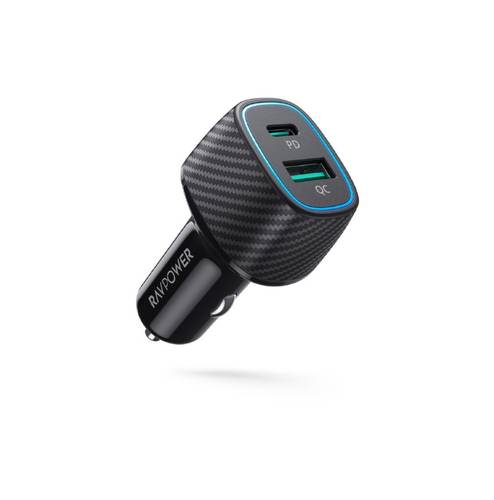 شاحن سيارة راف باور بتقنية بي دي بقوة 60 واط بمنفذ USB-C ومنفذ USB-A - اسود