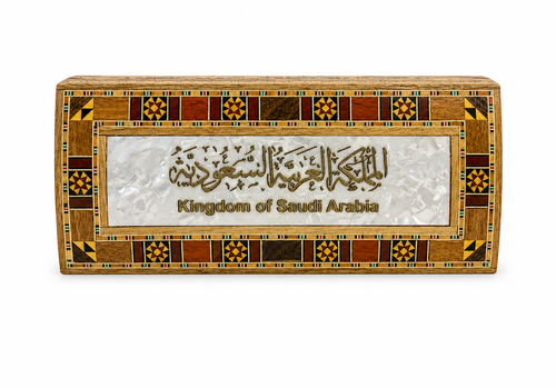 صندوق طولي مستطيل مطعّم بطبقة صدف بالشعار الوطني - صناعة يدوية