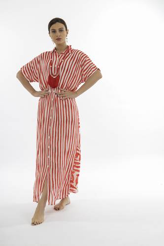 RED STRIPE COTTON DRESS WITH NECKLACE