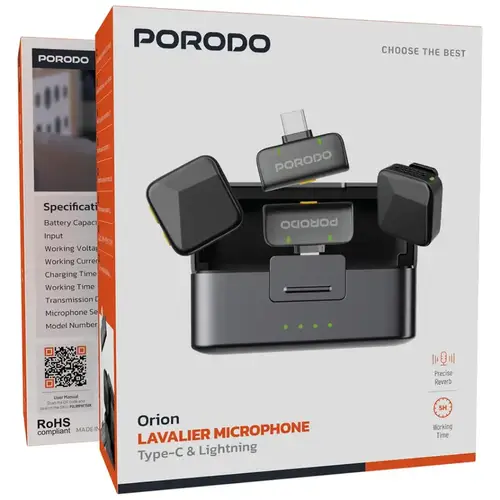 ميكروفون Porodo Orion Lavalier، منفذ USB-C و Lightning، لاسلكي، اقتران تلقائي، عمر بطارية يصل إلى 5 ساعات، إعداد فوري، إرسال بعيد المدى، أسود