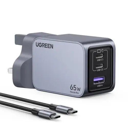 شاحن جداري بمنفذين PD وبمنفذ USB  - رمادي - UGREEN-65 واط