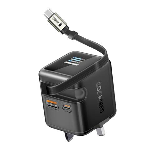 شاحن جداري سريع وذكي بقوة 70 واط, بتقنية GaNFast، مزوّد بكابل USB-C مدمج بطول 80 سم قابل للسحب، ومنفذين USB-C PD حتى 70 واط، ومنفذ USB-A بقوة 60 واط، مع شاشة ذكيةبحجم 1.14 إنش بتتصميم مدمج مثالي لشحن أجهزة MacBook و iPhon17وجميع أجهزة اندرويد الحديثة