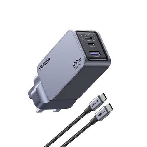 شاحن جداري بمنفذين PD وبمنفذ USB  - رمادي - UGREEN-100 واط