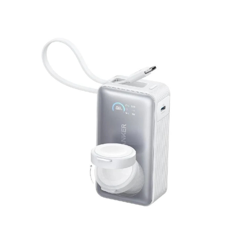 انكر - بطارية متنقلة بسعة 10،000 مللي امبير بقوة 30 واط مع شاحن ساعة ابل وكابل USB-C مدمج - ابيض