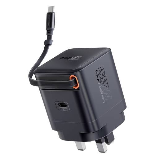 شاحن جداري بروميت Cubix-R65 فائق السرعة بتقنية GaNFast مع كيبل USB-C مدمج لتوصيل الطاقة بقوة 65 واط، منفذ USB-C لتوصيل الطاقة بقوة 65 واط، حماية متقدمة من ارتفاع التيار، نظام حماية متكامل Multi-Protect، تقنية الشحن الذكي - أسود