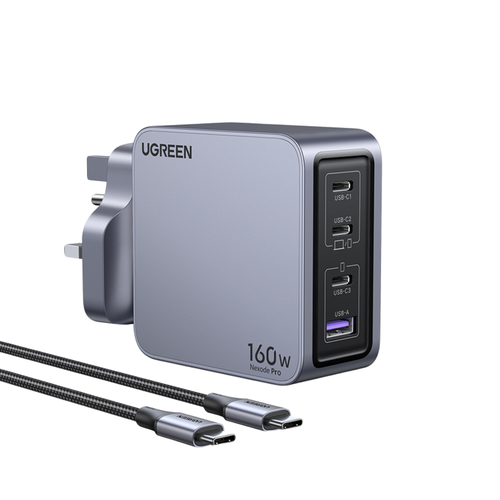 شاحن جداري برو GaN بـ 3 منافذ USB-C ومنفذ USB بقوة 160 واط - رمادي - UGREEN