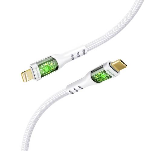 كابل USB-C إلى لايتينينج فائق السرعة، يتيح نقل البيانات والشحن بقوة 27 واط، بطول 1.2 متر، مقاوم للانحناء حتى 25000 مرة ومزود برأس شحن شفاف مطلي بالذهب مع إضاءة LED مما يزيد من متانته وأناقته