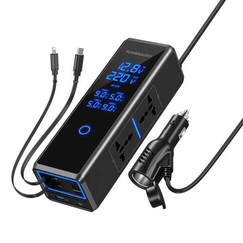 محول طاقة السيارة 300 واط بكابل قابل للسحب من باورولوجي Powerology 300W Car Power Inverter With Retracter Cable - Black